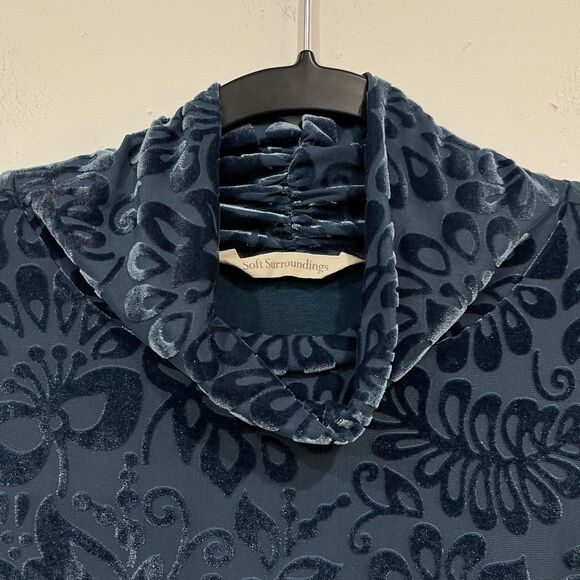 Soft Surroundings Walden Floral Velvet Turtleneck  Top Teal Blue Size 2X Plus - Picture 4 of 5